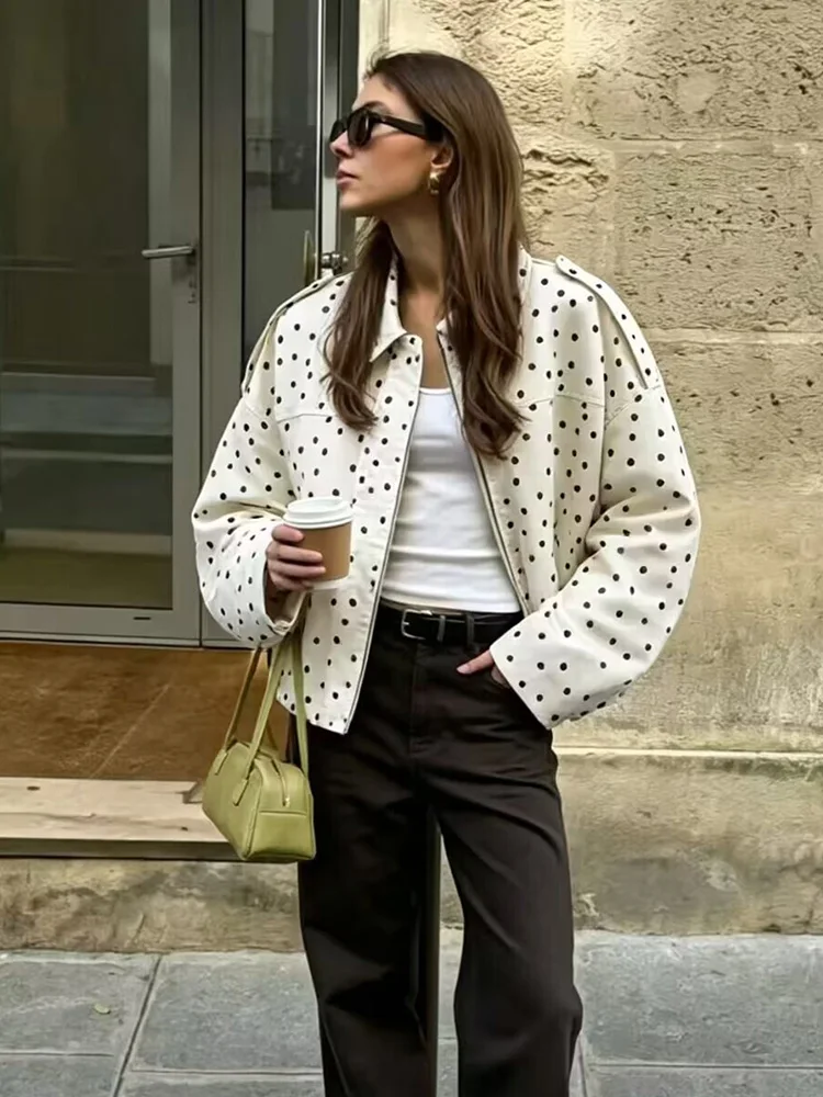 SLTNX 2026 Autumn Retro Brown Polka Dot Women Short Trench Coat Lapel Collar Loose Drop Shoulder Daily Outer Jacket