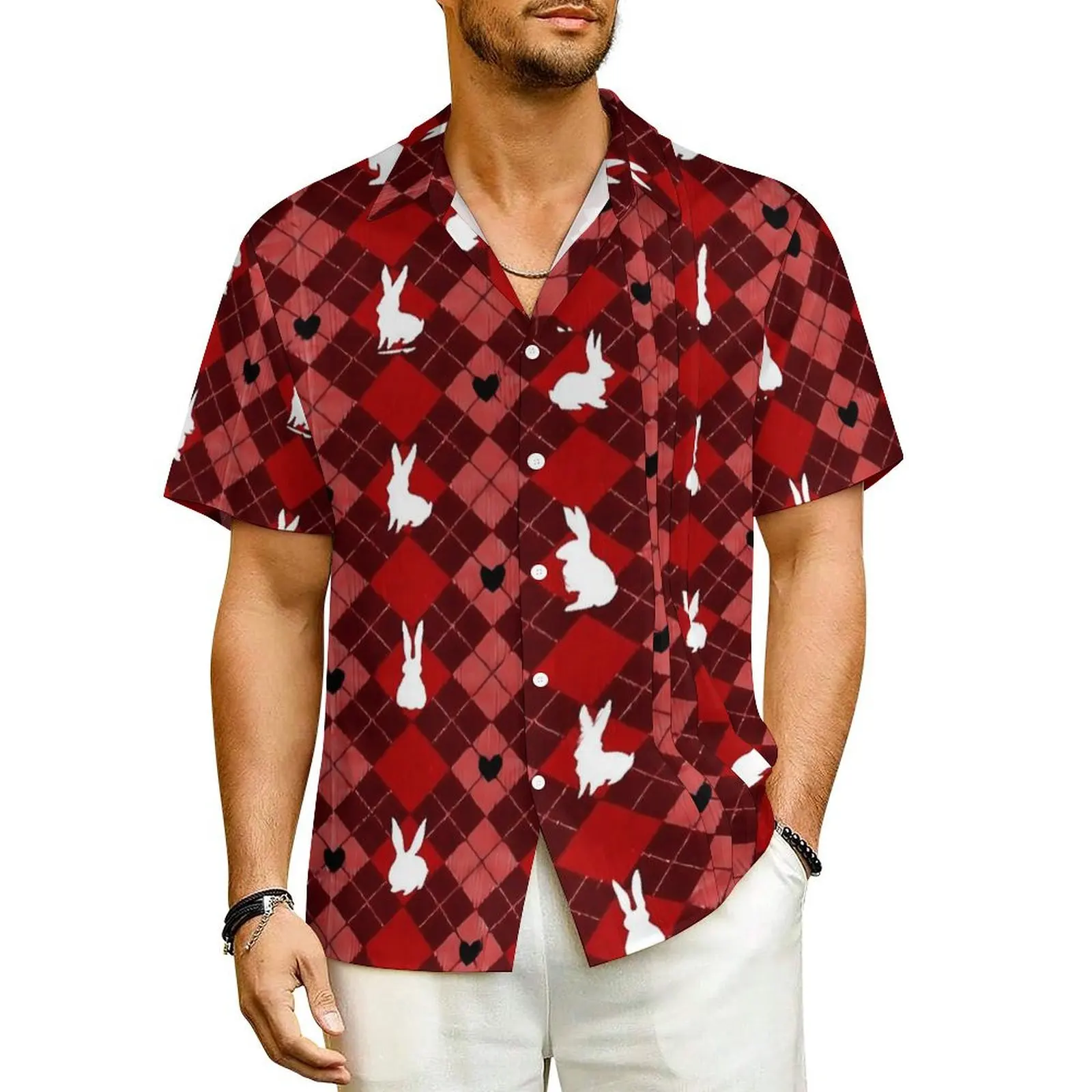 

Hawaiian Shirt Beach Cute Rabbit Blouses Red White Bunny Cool Casual Shirts Men Short-Sleeved Y2K Funny Oversized Clothing