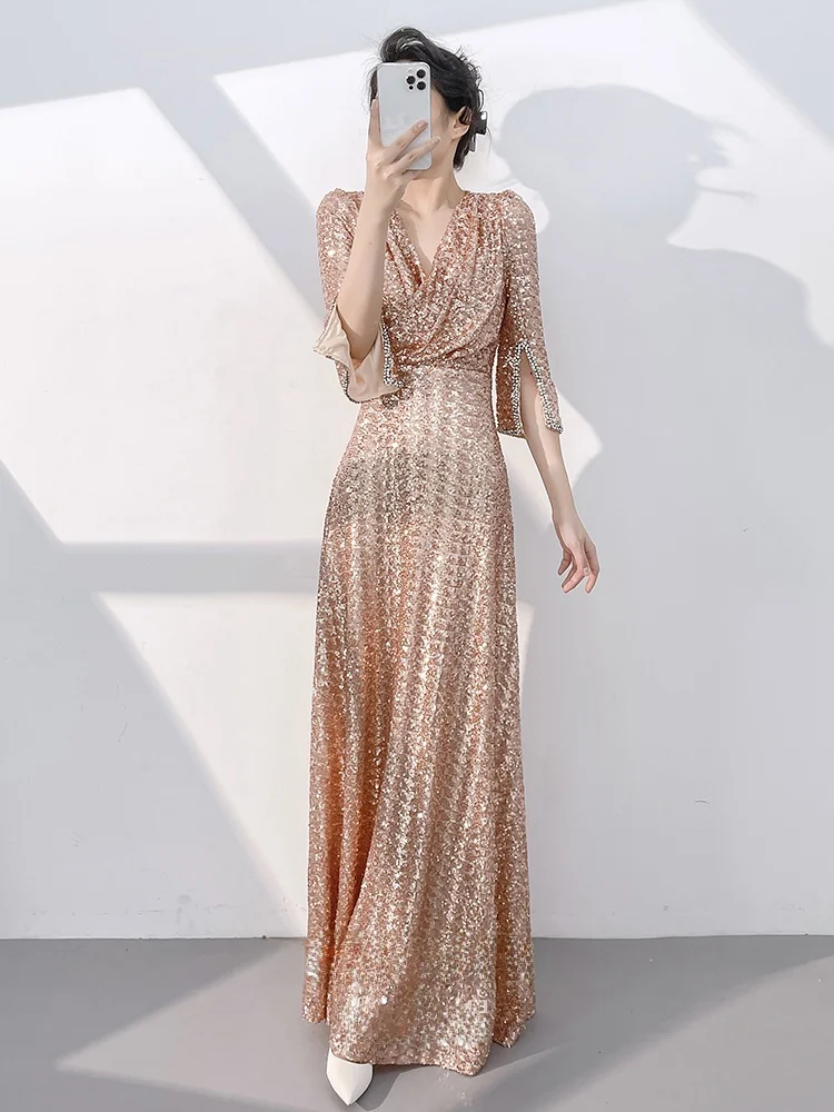 

Rose Gold Evening Gown Women's 2025 New High-End Luxury Host Fi Tail Sequin Skirt Korean Sle mid Waist Long Dr