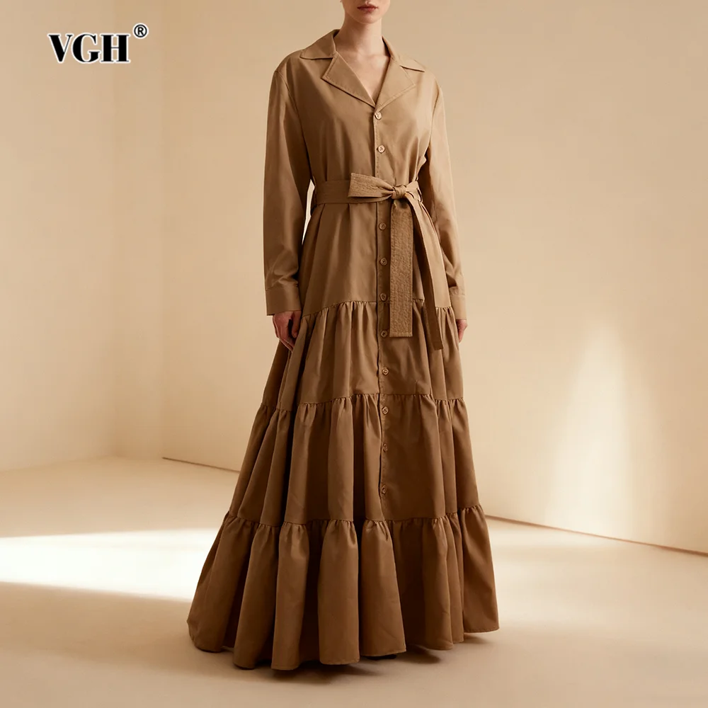 

VGH Solid Slimming Spliced Lace Up Party Dresses For Women V Neck Long Sleeve High Waist Folds Temperament Dress Female Fashion