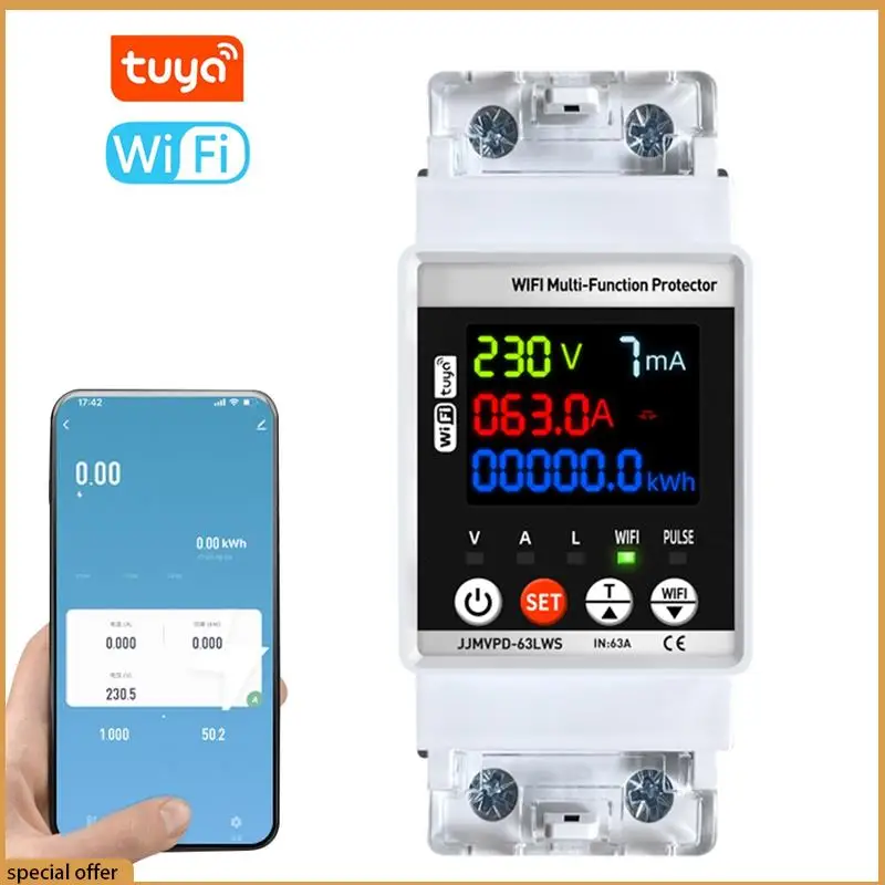 A68Z Tuya Wifi Smart Energy Meter Multifunction Automatic Reclosing Protector Circuit Breaker Voltage Current Leak Protection