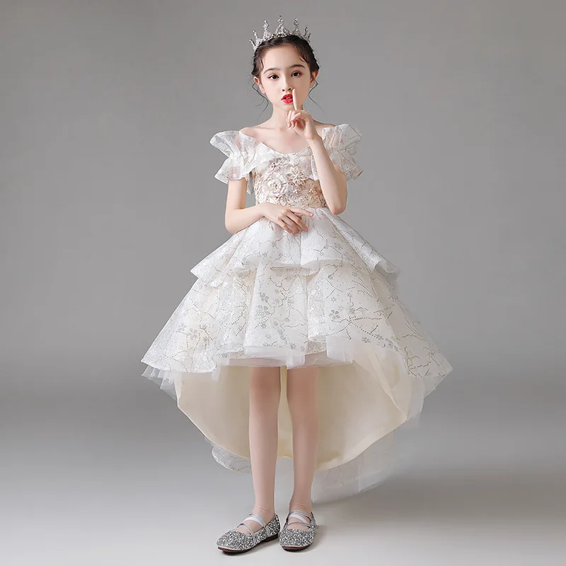 Children Elegant Princess Gown Off Shoulder High Low Tutu Evening Cocktail Party Dress Embroidery Banquet Formal Dresses Ruffle