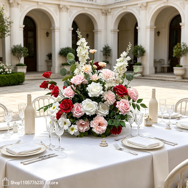 Künstliche rote, rosa, weiße Rosen, Pfingstrosen, Rittersporn, Hochzeitstisch-Mittelstück, Blumenarrangement, Bankett-Esstisch, Heimdekorationsstück – Detail 3