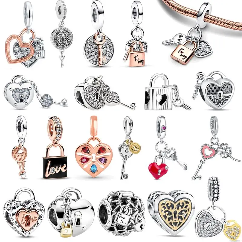 

New 925 Silver Love Lock Key Padlock Happiness Double Dangle Charm Heart DIY Beads Fit Original Pantaro Bracelet Fine Jewelry
