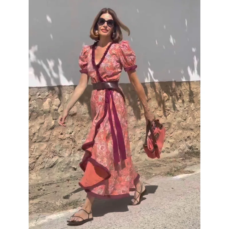 Elegant Women Bohemian Vacation Dress with Tassel Y2K Vintage Celebrity Short Puff Sleeve V Neck Slit Ruffle Festival Long Dress