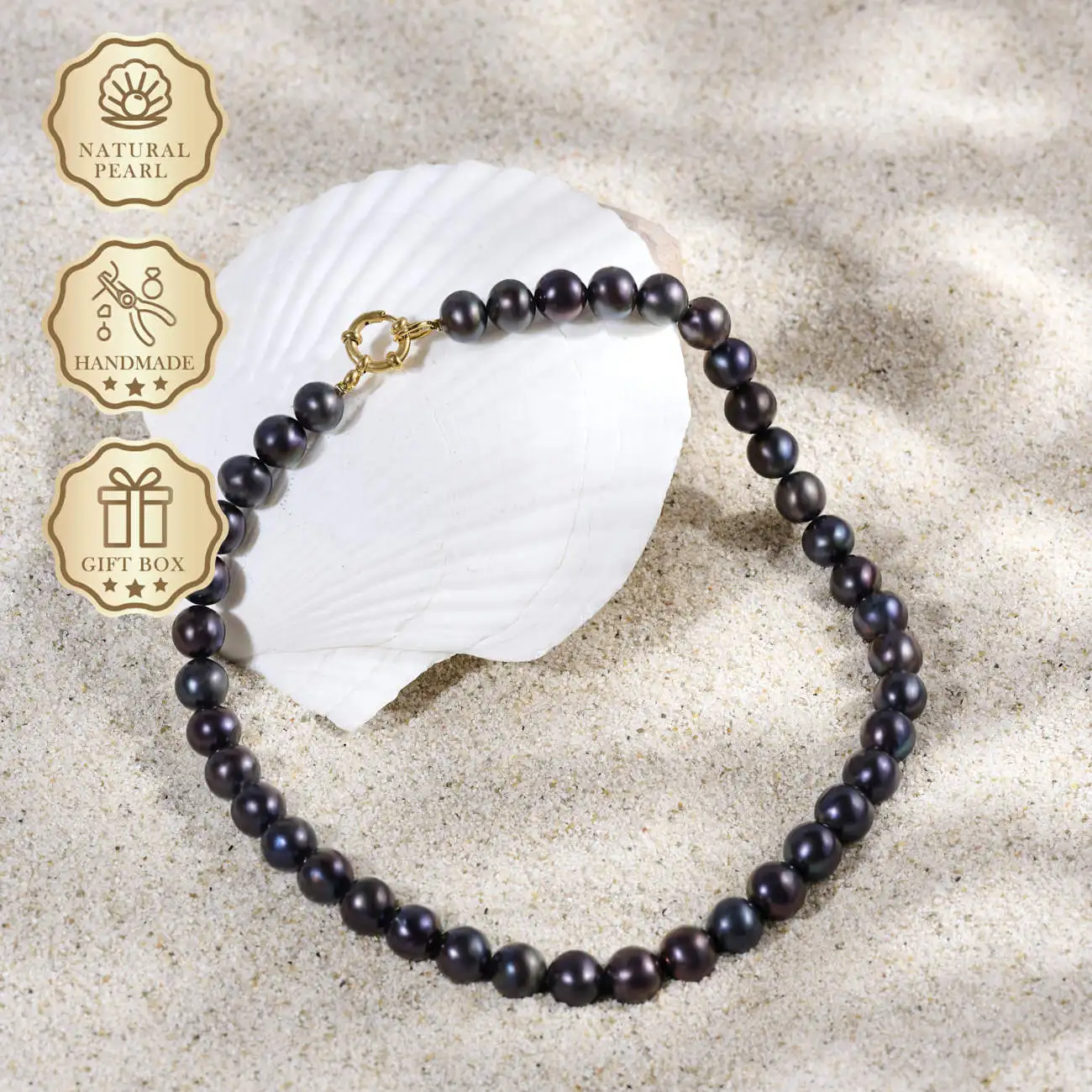 

MYSOYA Black Freshwater Pearl Necklace 9–10mm with Nautical Clasp, Gift Box, Ideal Birthday & Anniversary Gift