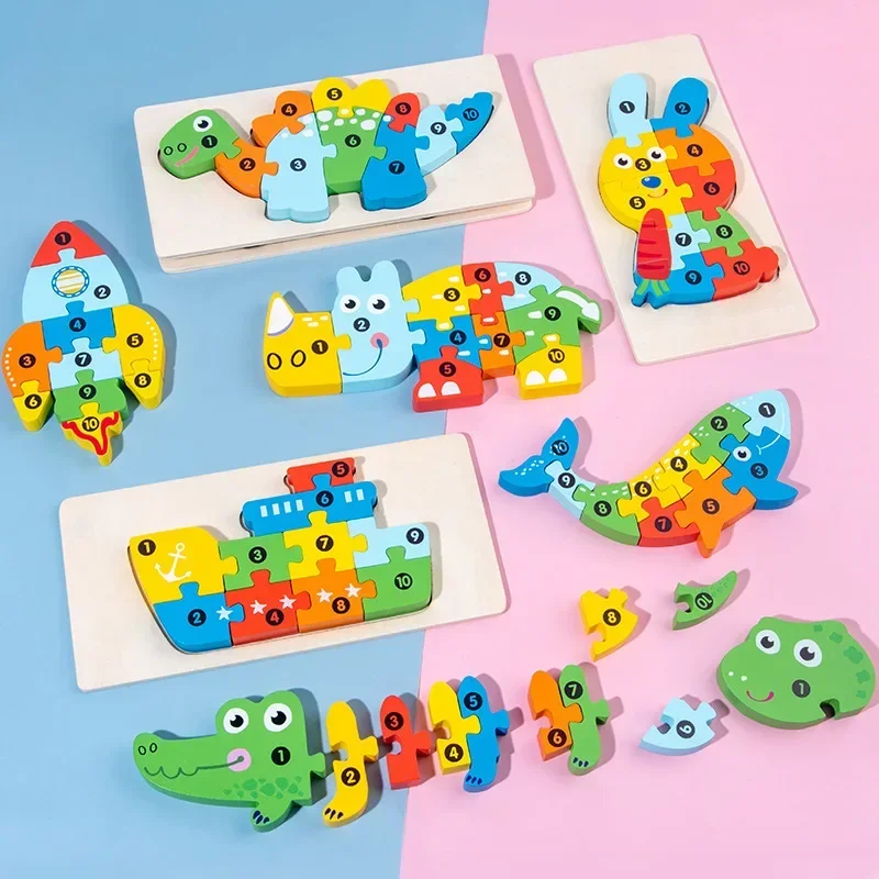 Cartoon Dinosaur Animal 3D Stereoscopic montessori Wooden Puzzle  Shape Color Cognitive Educational Game Toy Kids Birthday Gift