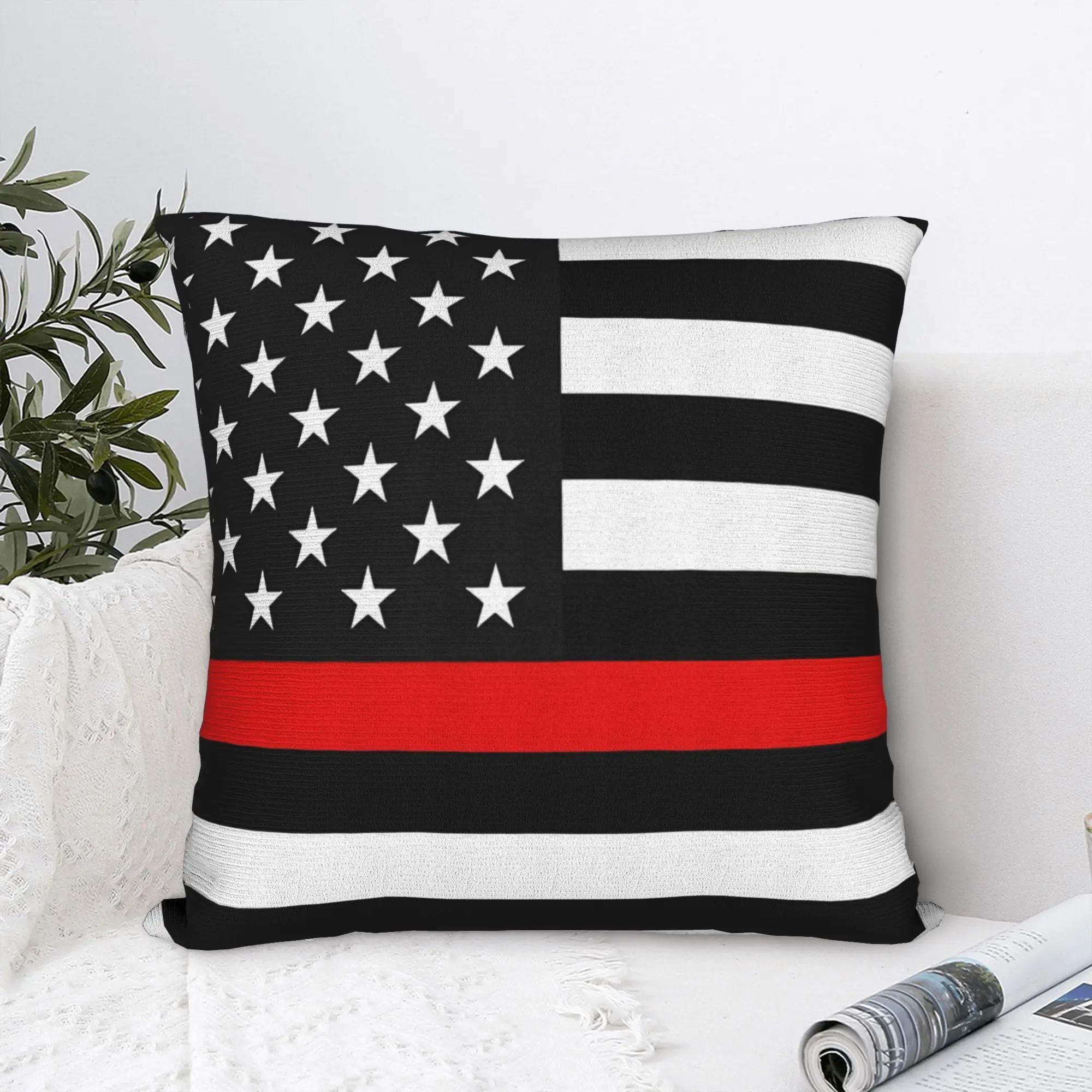 Thin Red Line Pillow Case, Firefighter Support Cushion Cover, Black White Flag Art Home Decor Throw Pillow Slipcover for Sofa