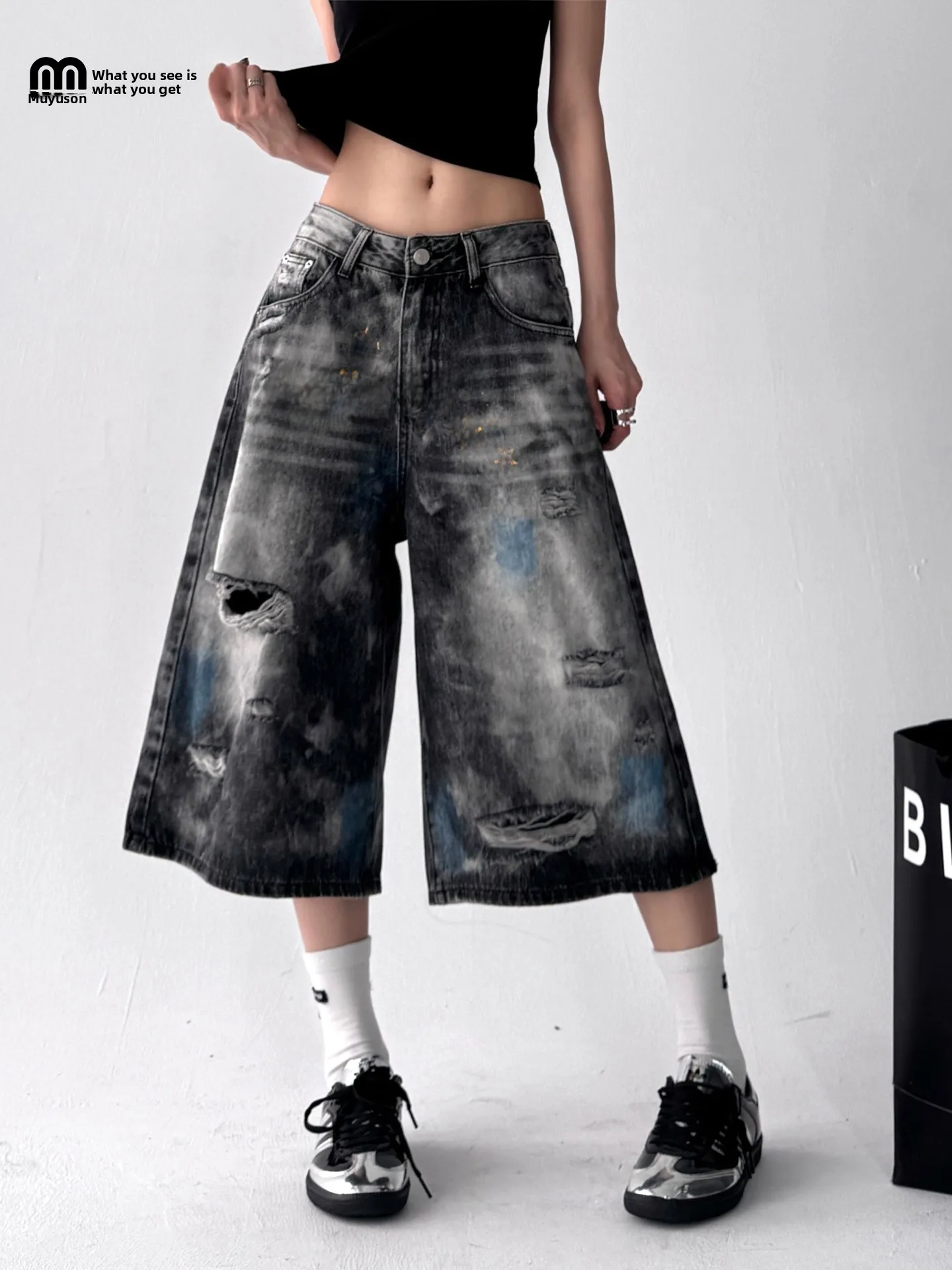 

Ripped Distred Seven-quarter Length Women's Jeans Casual High Waist Wide Leg Pants Street Sle Summer Design Loose Fit