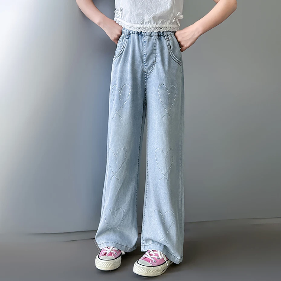 Jeans For Girls Heart Pattern Girl Jeans Kids Spring Autumn Trousers For Children Casual Style Children's Clothes 6 8 10 12 14