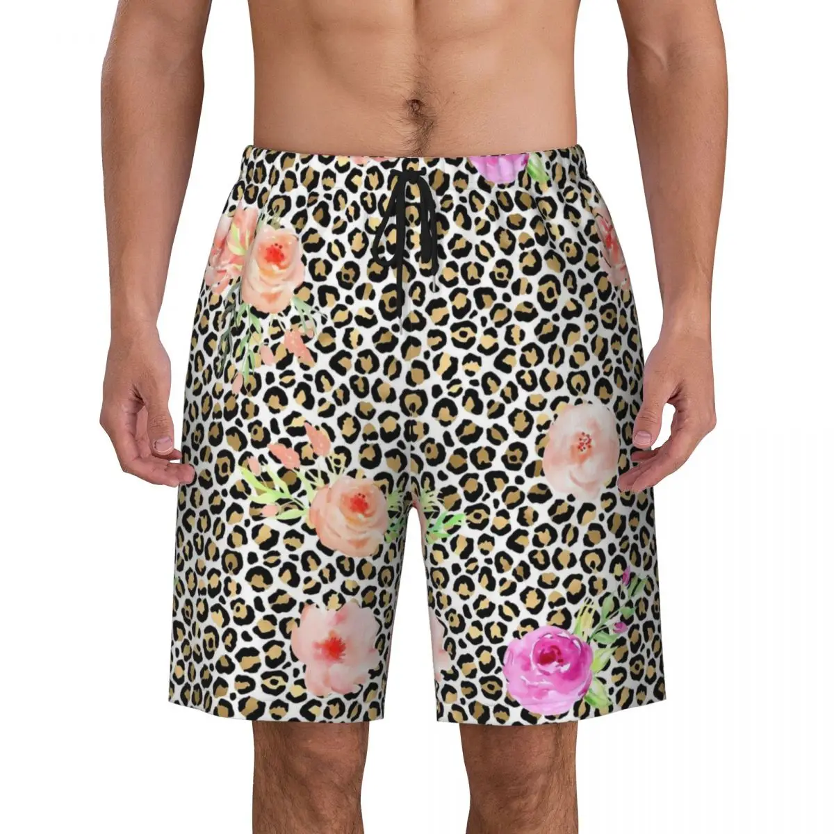 

Шорты с цветочным принтом и леопардовым принтом, летние розовые персиковые шорты для бега, мужские быстросохнущие гавайские плавки больших размеров