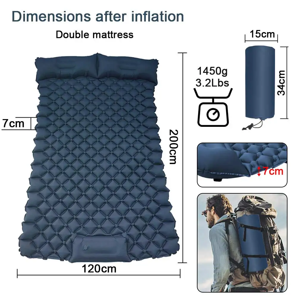 Portable Ultralight Self Inflating Camping Pad 2 Person With Pillow Camping Sleeping Pad Built-In Foot Pump For Camping Hiking