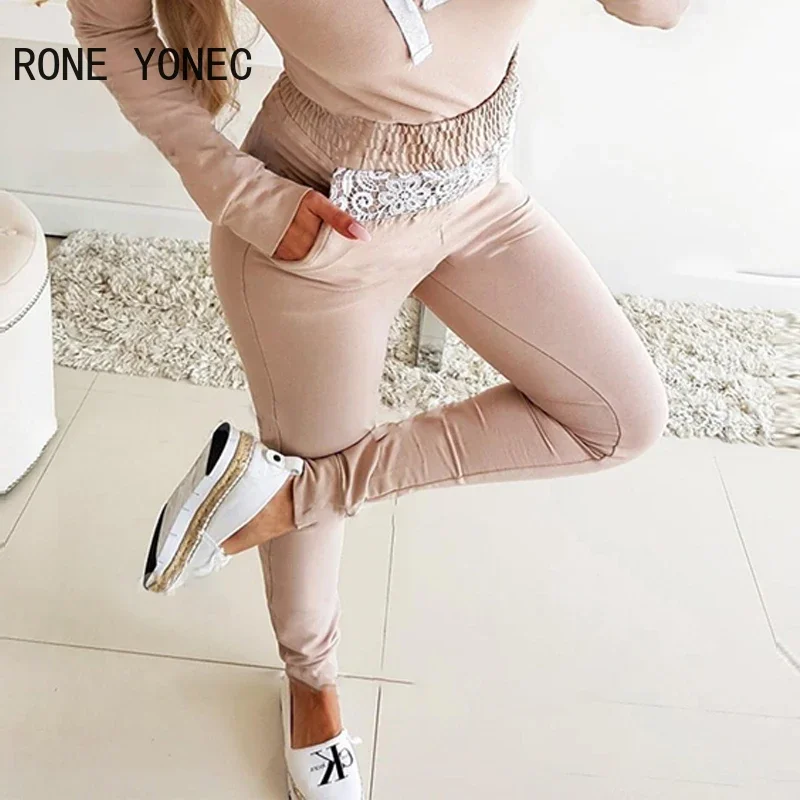 Women Casual Long Sleeves Tape Lace Patchwork Elastic waist Sporty Shinny Pants Sets