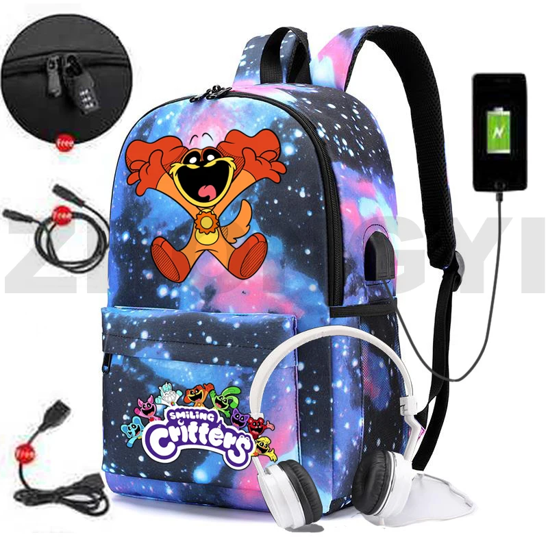 Canvas Smiling Critters Game Backpack Teenager College Notebook Urban Anti-theft Mochilas USB Charging School Back Pack for Boys