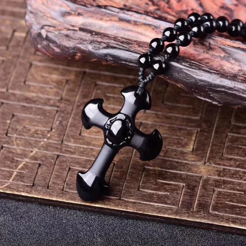 Classic Black Cross Pendant Necklace Men Women Hand-Woven Bead Chain Talisman Pendulum Necklace