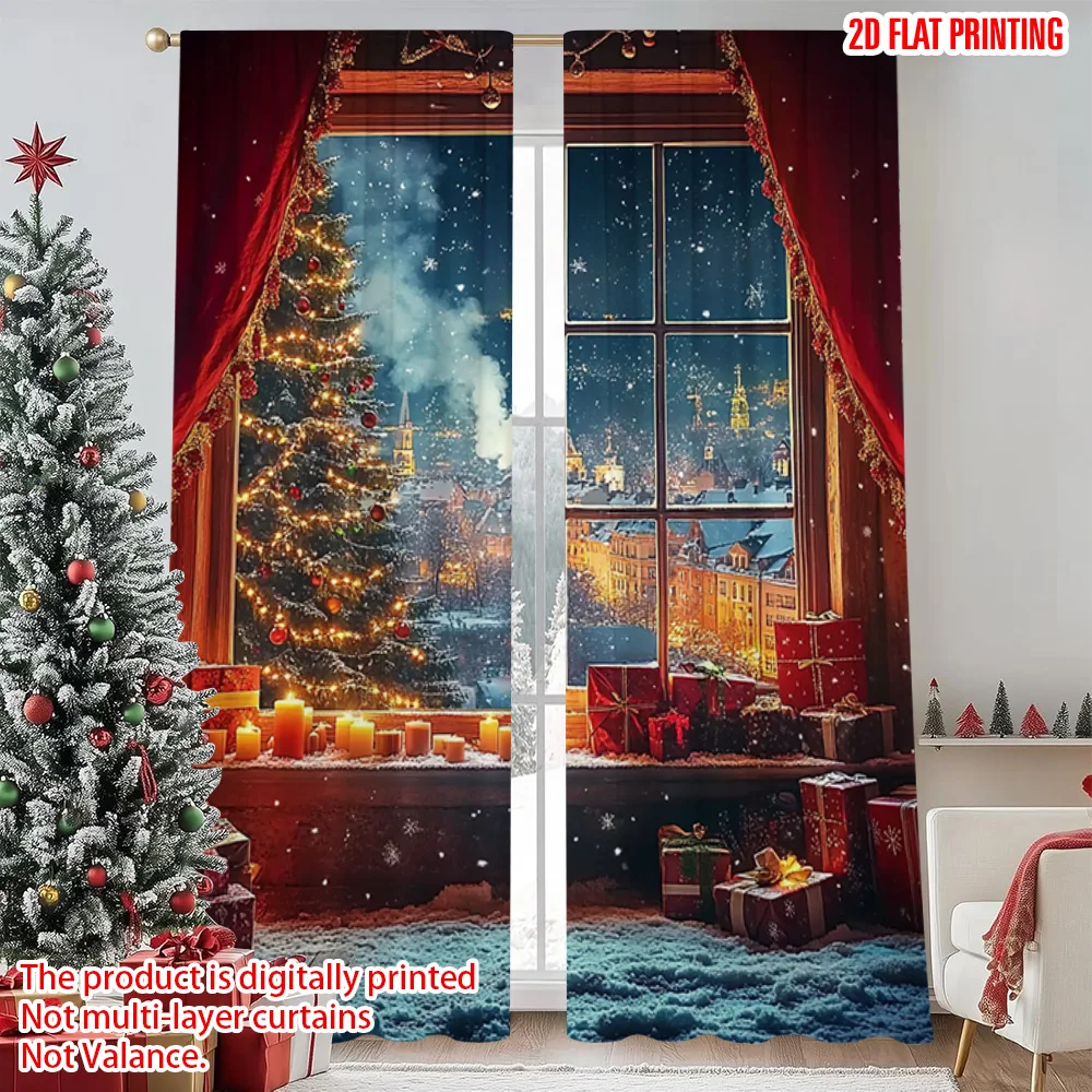 

2pcs 2D flat printing Merry Christmas Popular Curtain Christmas Winter 0 Durable Polyester Without Electricity Family Party