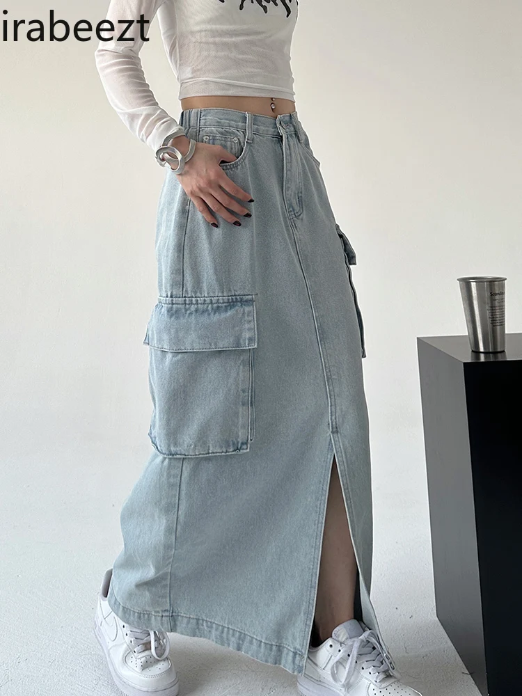 

Женская длинная джинсовая юбка с высокой талией, прямая юбка в стиле ретро с разрезом, лето 2024