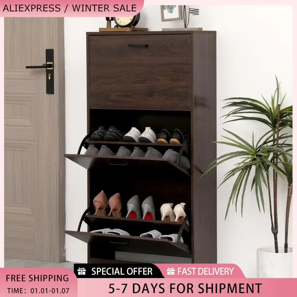 

Narrow Shoe Cabinet With 3 Flip Drawers Shoe Storage Cabinet for Entryway Home Furniture Walnut Brown Shoerack Shoes Organizers