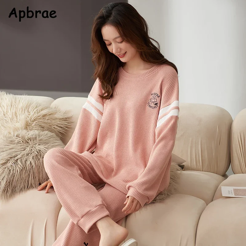 Autumn Winter Waffle Cotton Women\'s Pajamas Long Sleeves Pajama Sets Fashion Female Pijamas O-Neck Leisure Loungewear Women