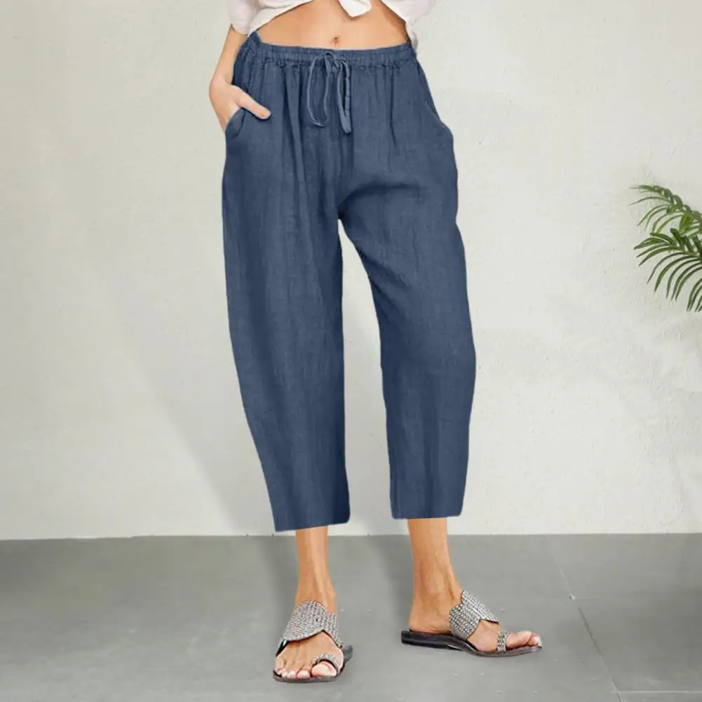 Commuting Cropped Pants Stylish Women's Summer Cropped Pants Elastic High Waist Wide Leg Drawstring Trousers for Casual Comfort