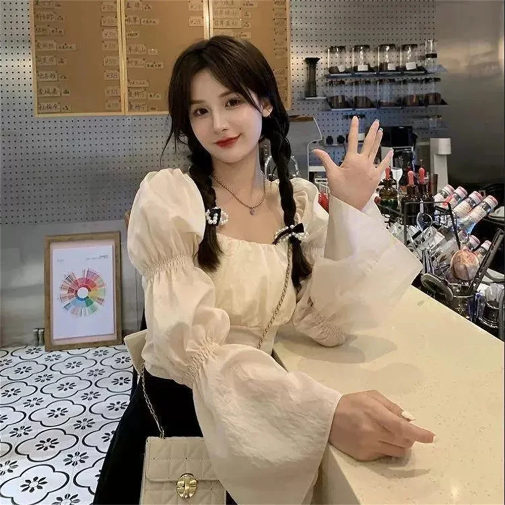 

Back Puff Sleeve Shirt Women Autumn French Bow Bandage Blouses 2026 Spring Summer New Black Pink Square Neck Cropped Tops Female