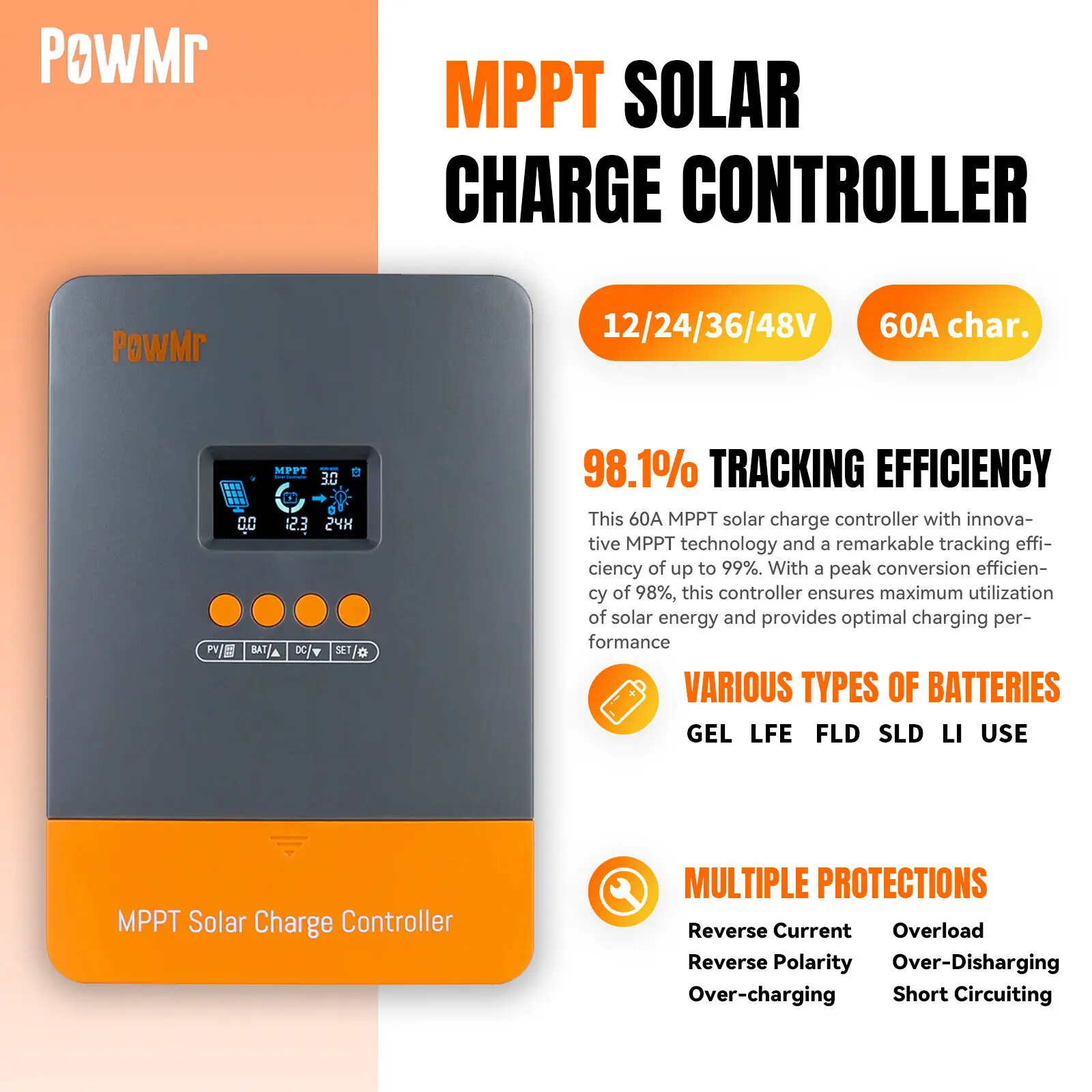

PowMr MPPT 60A Контроллер солнечного зарядного устройства 12 В 24 В 36 В 48 В ЖК-регулятор солнечной системы Макс. PV Вход 160 В Поддержка литиевых батарей