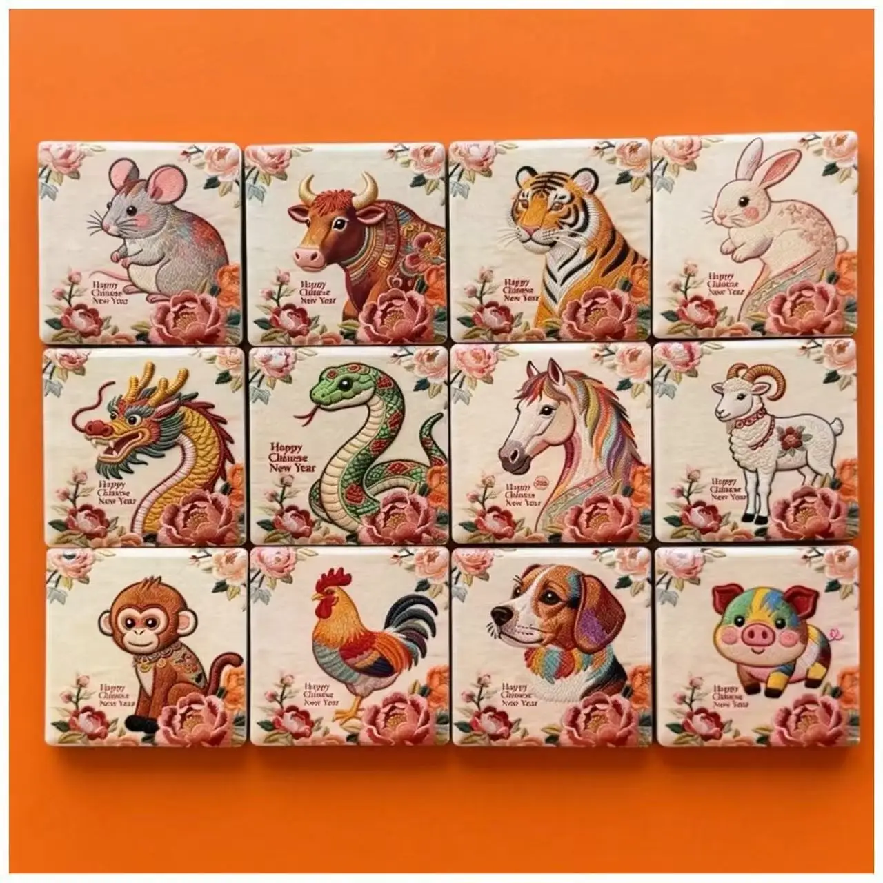 Zodiac Ceramic Magnet Chinese Twelve Zodiac Embroidery Style Year of The Horse Fridge Sticker Home Decor Souvenir Gift