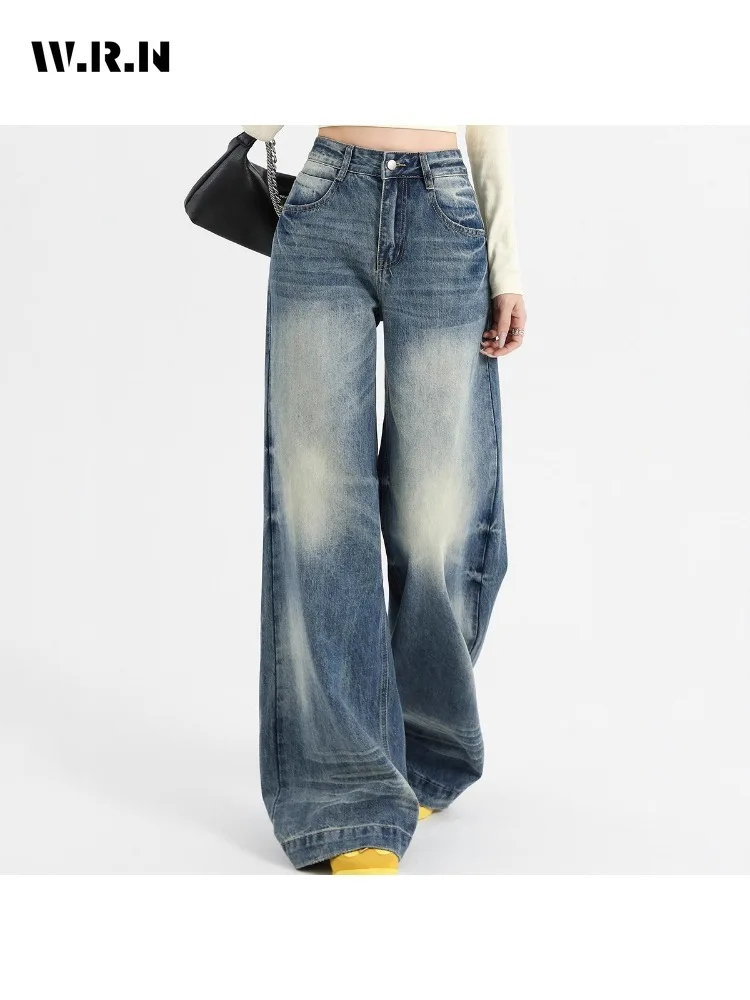 Casual minimalistische jaren 2000 denim broek dames vintage gewassen blauwe mop broek grunge straat retro hoge taille Y2K baggy jeans
