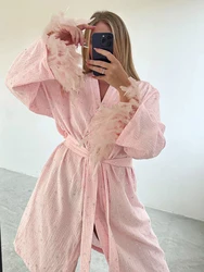 Hiloc Elegant Cotton Pink Gild Robe Women Fashion Long Sleeve Feathers Ruched Lace-Up Sleepwears Autumn Solid Wrap Robes Vintage