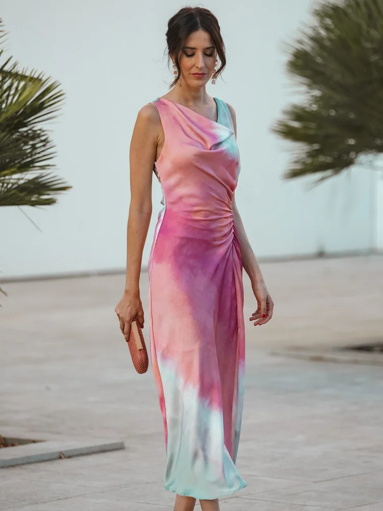 HH TRAF-vestidos de noche de fiesta para Mujer, vestido Midi ajustado sin mangas con diseño de cremallera lateral y pliegues a la moda, satén Tie Dye, 2024