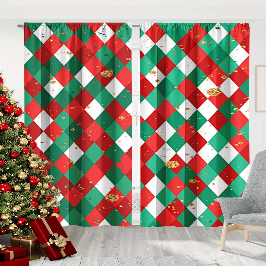 2PCS Christmas Winter Curtains, Red Green Argyle Gold Sequin Winter Pattern, Digital Print, Bedroom Living Room, Home Decor