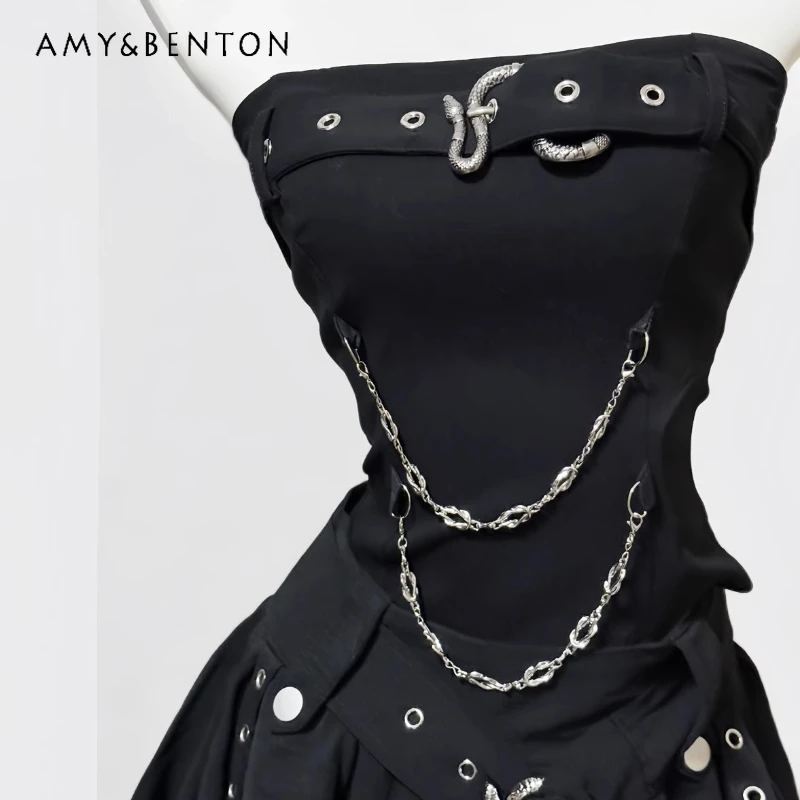 

Punk Dark Spliced Chain Women's Tube Top Summer New Black Slim Fit Printed Irregular Flower Bud Skirt Women