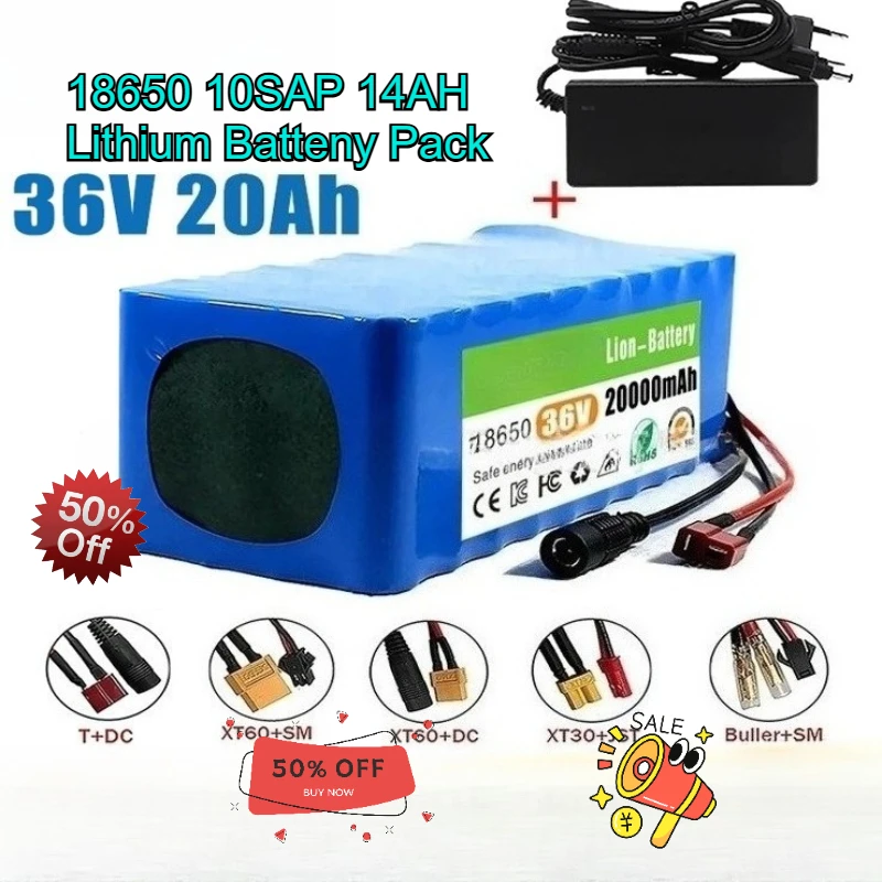 

36V 200000mAh Battery 18650 10S4P High Power Batteries with BMS Protection + 42V 2A Charger