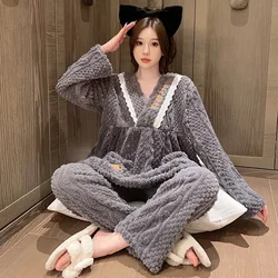 5XL Plus Size Winter Coral Velvet Pajamas Set Women Korean Sweet Lady Flannel Home Clothes Sleepwear Two-piece Set Loungewear