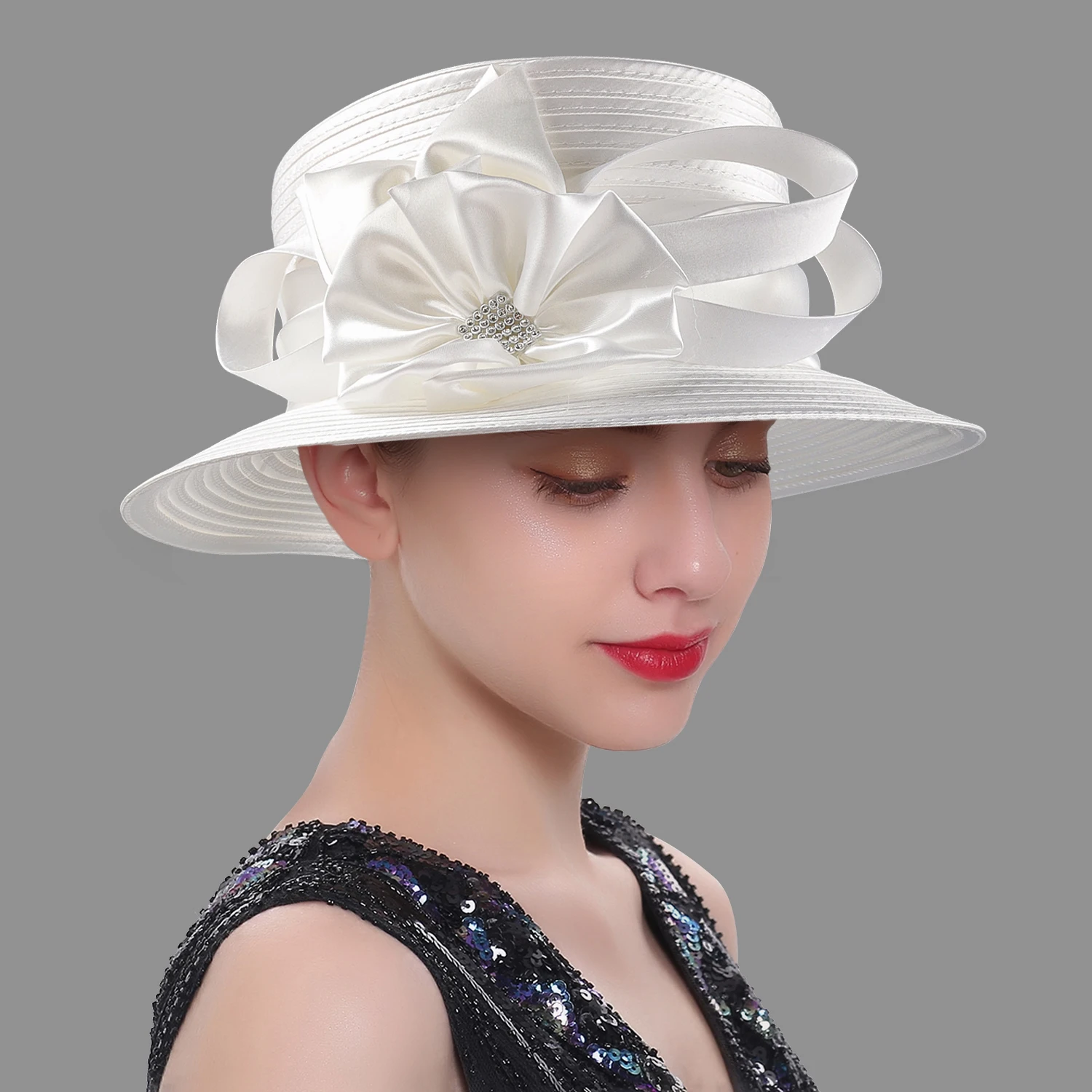 Newest Women Satin Cloth Flower Church Hat Elegant Photography Top Hat Fashion Female Banquet Fascinator Wedding Formal Hats