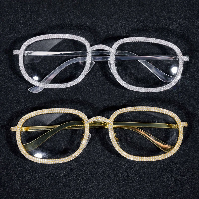 Hip Hop 5A+ CZ Zircon Paved Bling Iced Out Non-Prescription Glass Glasses for Men Rapper Jewelry Gold Silver Color
