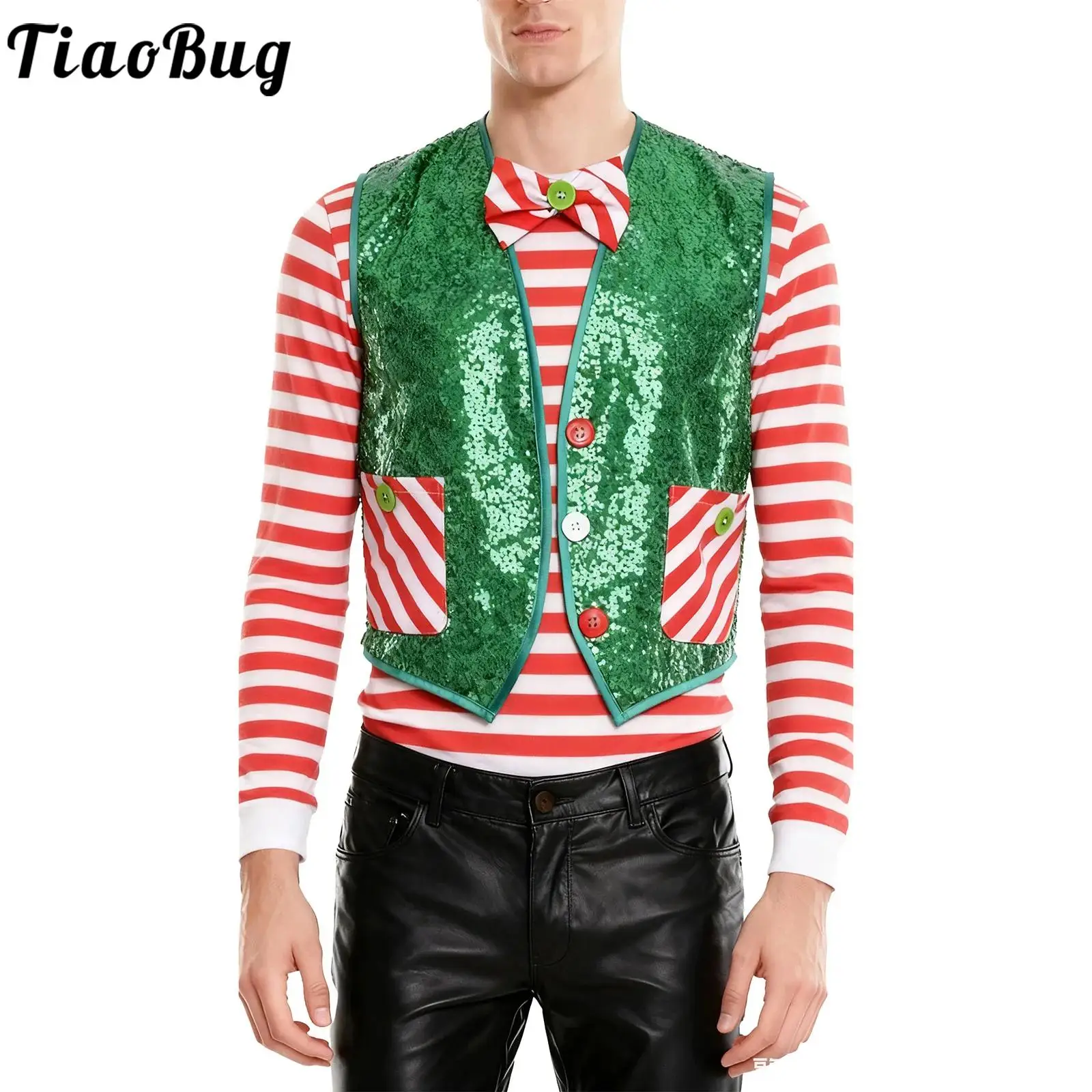 الرجال عيد الميلاد قزم زي تأثيري حفلة عيد الميلاد الترتر سترة بلا أكمام مفتوحة الجبهة غير المتكافئة هيم مخطط صدرية مع ربطة عنق