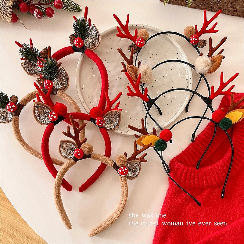

Christmas Deer Antler Headband Red Forest Style, Festive Reindeer Hair Band for Women Girls Children Holiday
