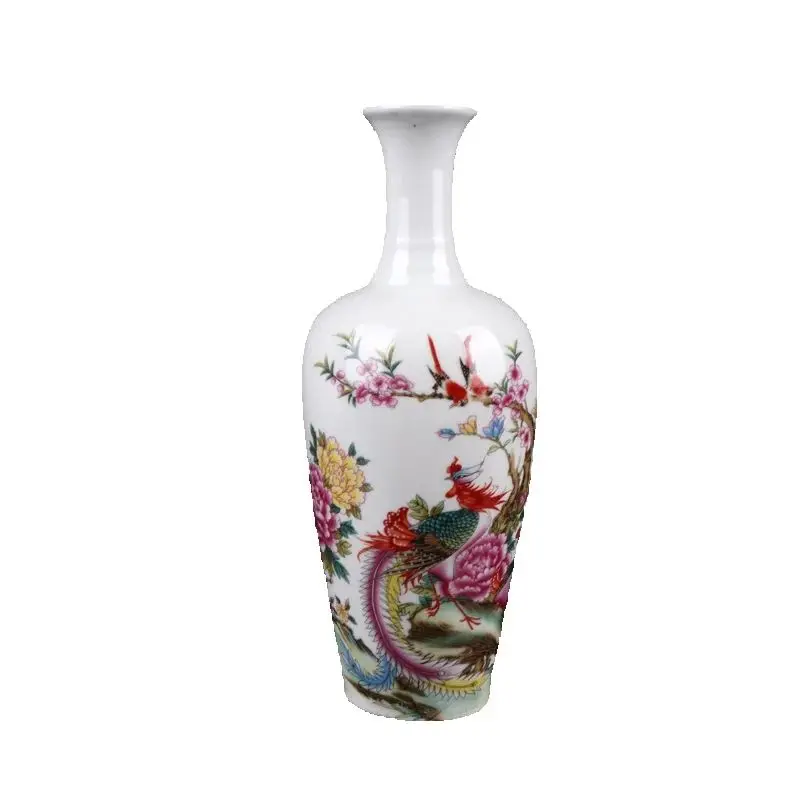 

Chinese Old Porcelain Pink Xiang Feng Lai Yi Pattern Long Neck Bottle Traditional Decorative Floor Standing collectibles