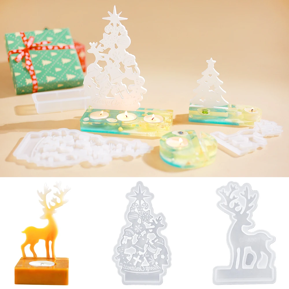 SZ072 DIY Christmas Candle Holder Silicone Molds Candle Bases Elk Christmas Tree Lighting Decoration Gypsum Resin Splicing Mold