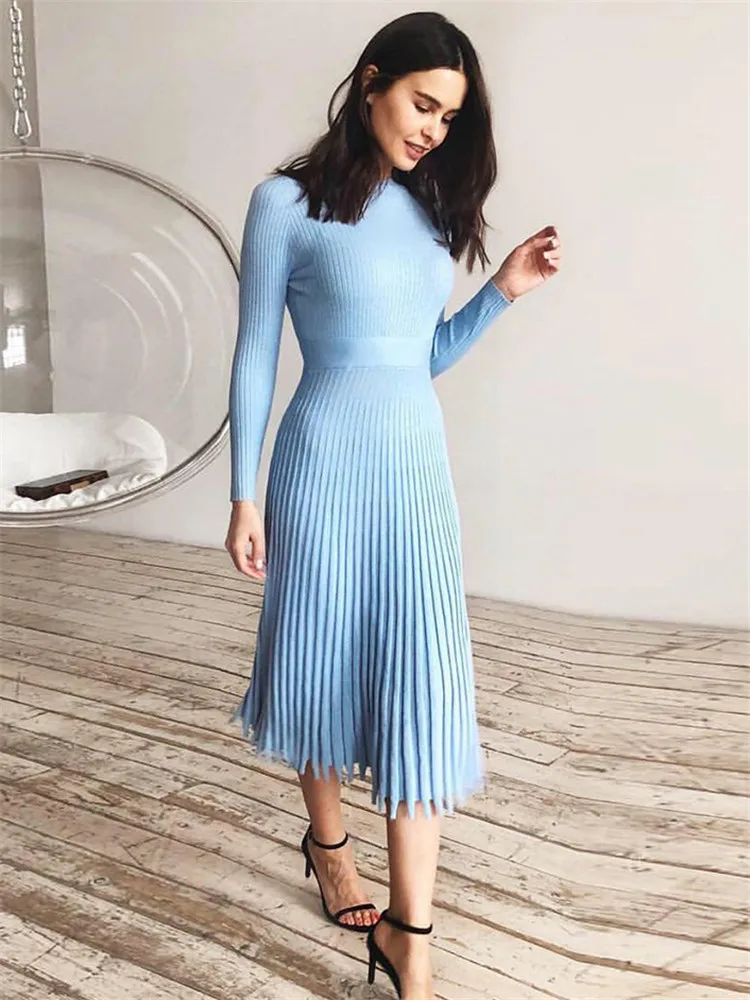 Articat Women Knitted Long Dress Ribbed Elegant Midi Bodycon Sweater Dress Official Ladies Bandage Pleated Dresses Streetweear