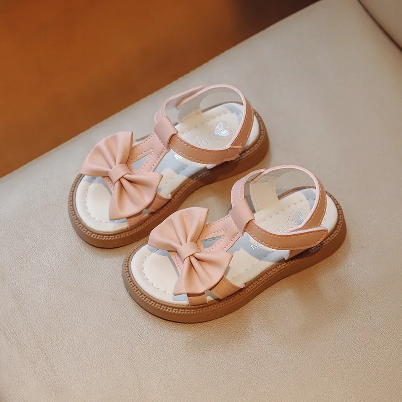 

Girls Sandals Summer New Bow Little Kids Fashion Princess Shoes Versatile Children Korean Bow Soft Beach Shoes Solid Color