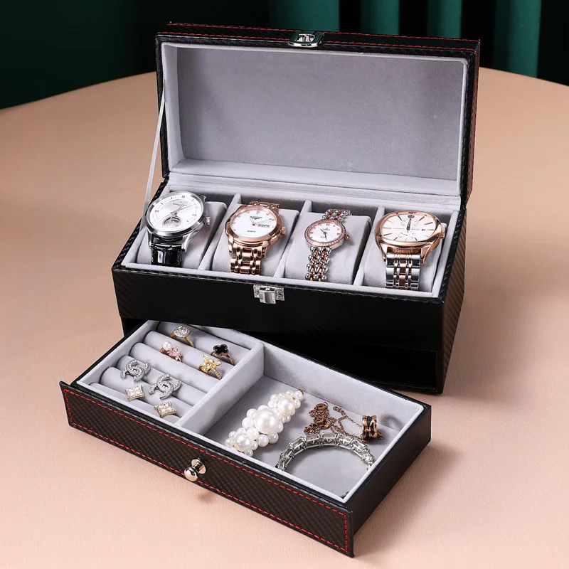 

Watch Storage Box PU Leather 2-Tier Multifunctional Watch Jewelry Organizer Box Men Women Jewelry Display Drawer Case Display