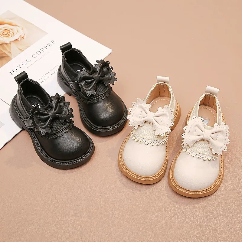 Autumn New Girl Leather Shoes Bowtie Black Beige School Causal Children Flat Elegant Round Toe Fashion Patchwork Kids Mary Janes