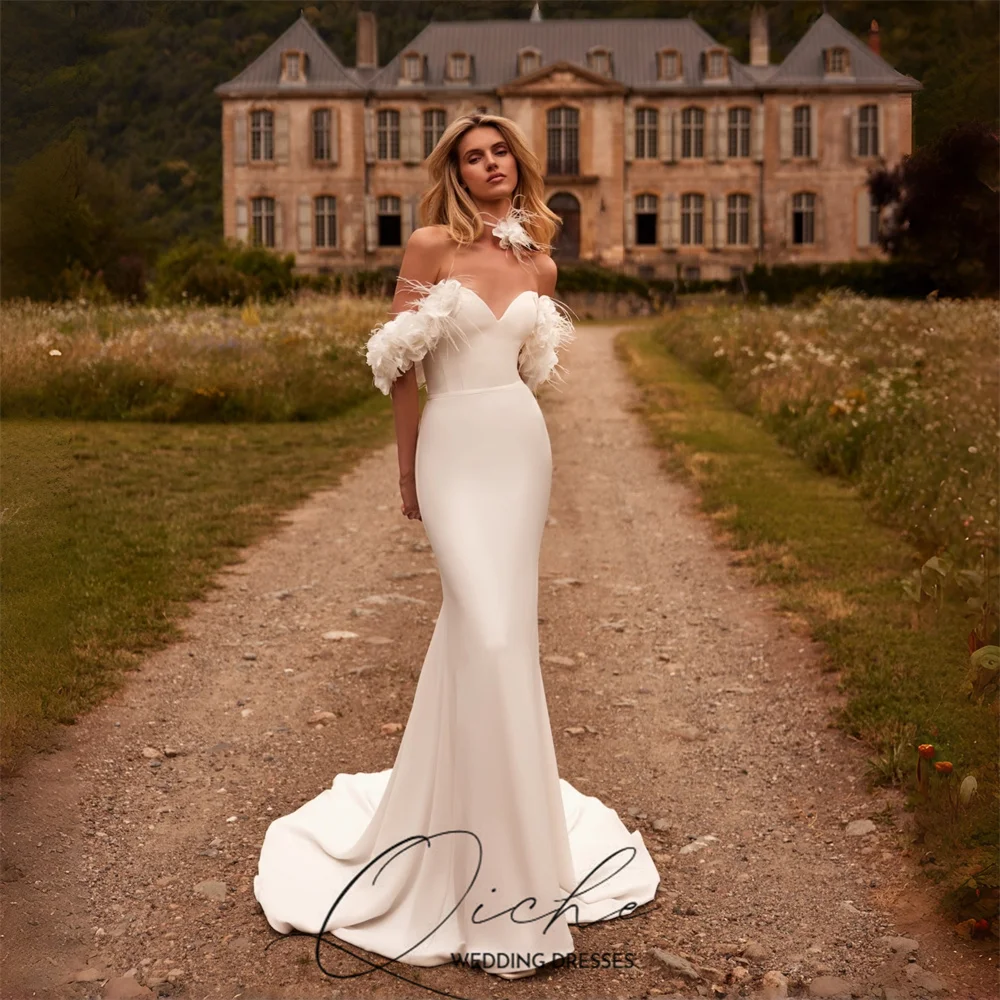 

QICHE Elegant Flowers Mermaid Wedding Dress Women Off The Shoulder Sweetheart Open Back Bridal Gown Vestido De Noiva Customized