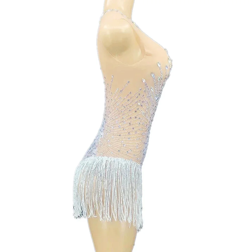 Perspectiva sem mangas borla macacão brilho incrustado diamante frisado feminino bodysuit cantor dança palco wear boate outfit