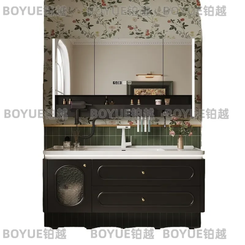 French Style Smart Oak Bathroom Vanity with Ceramic Integrated Sink Modern Wall Mounted Washbasin Cabinet Combo for Home