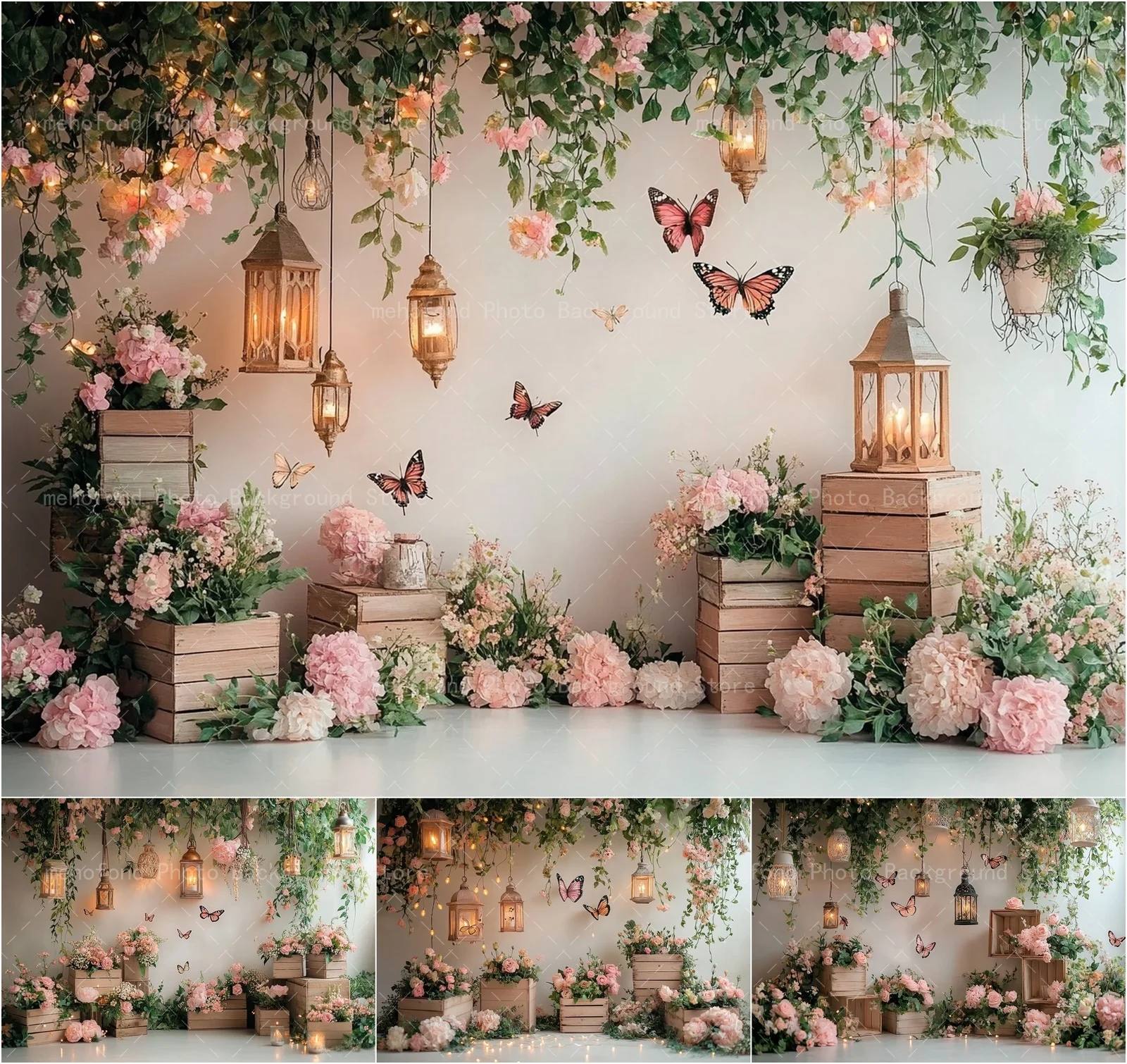 Mehofond Photography Background Spring Beautiful Butterfly Lamp Flower Small Wooden Box Vine Kids Family Portrait Backdrop Decor