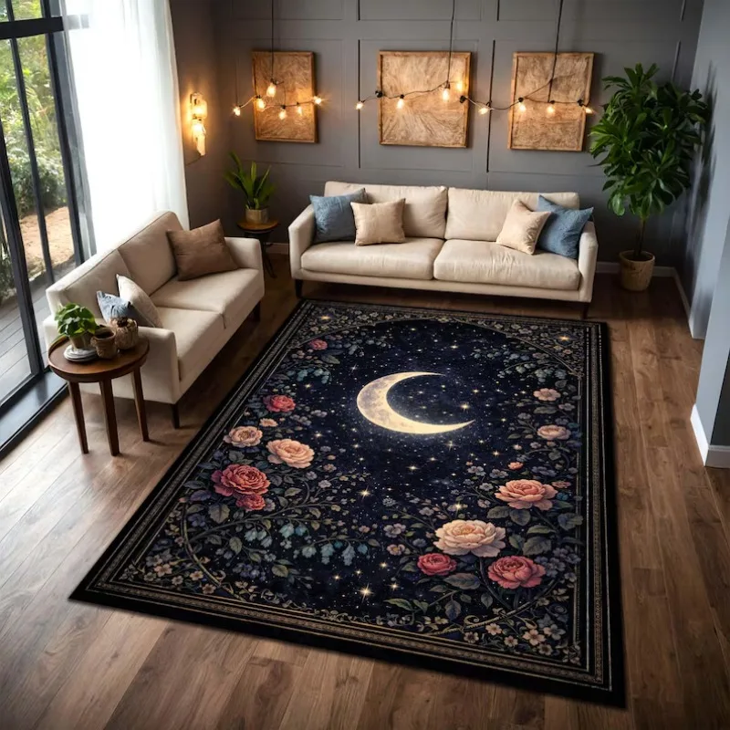 Vintage Celestial Moon Stars Area Rug Dark Blue Gold Floral Ornate Carpet Non-Slip Indoor Floor Mat for Living Room Bedroom