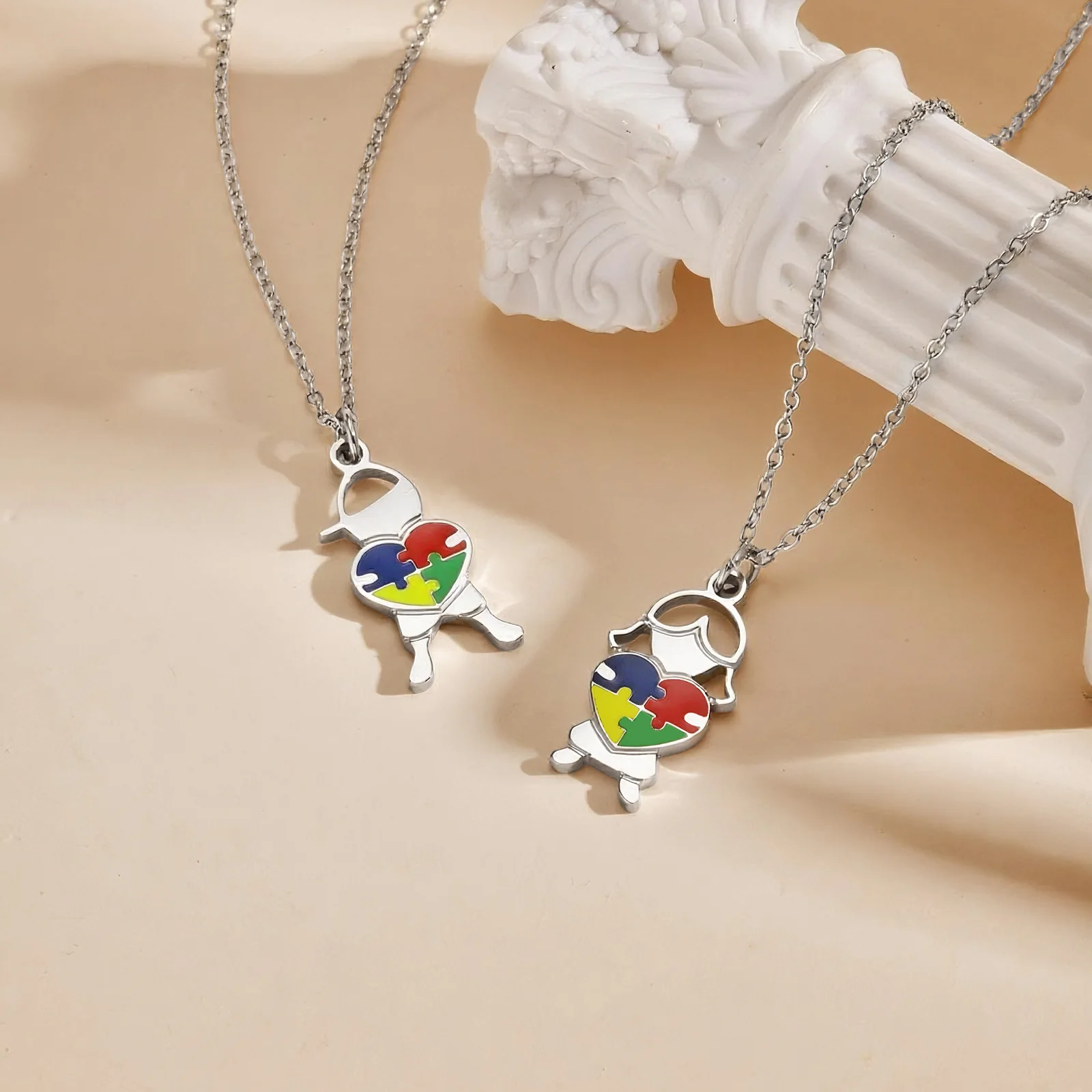 Stainless Steel Jewelry Heart Puzzle Boy&Girl Shaped Pendant Necklace Autism Awareness Silver Color Chain Necklace for Women